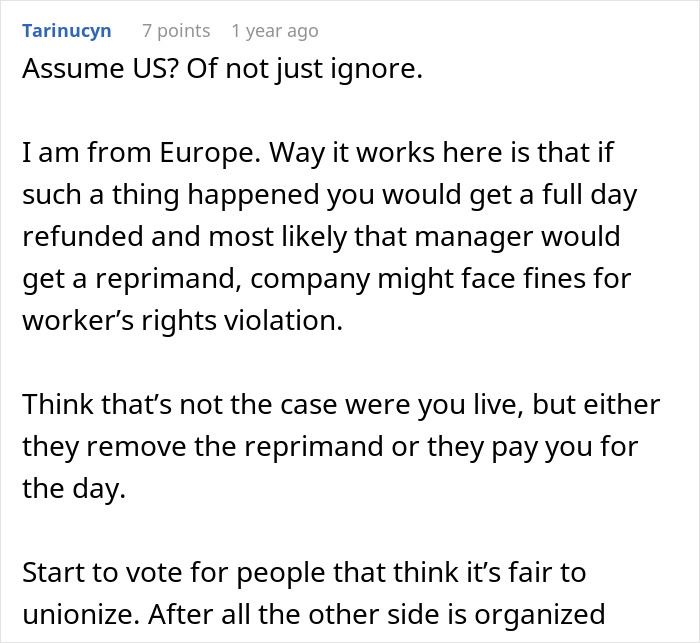 Comment discussing worker&rsquo;s rights and formal reprimand related to missing work without pay or compensation.