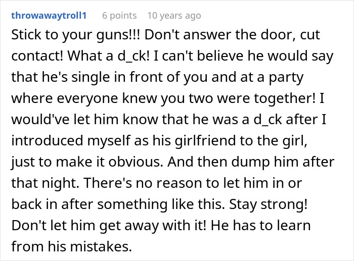 Comment discussing a guy pretending to be single at a party and making excuses when confronted by his girlfriend.