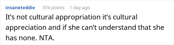 Screenshot of a comment defending cultural appreciation over cultural appropriation in a discussion about traditional attire swap.