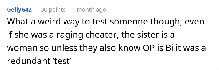 Screenshot of a comment discussing a girlfriend confused after boyfriend&rsquo;s sister starts hitting on her and calling it a test.