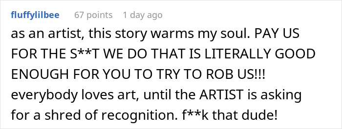 Text post from user fluffyliibee expressing frustration about artists not being fairly paid or recognized for their work.