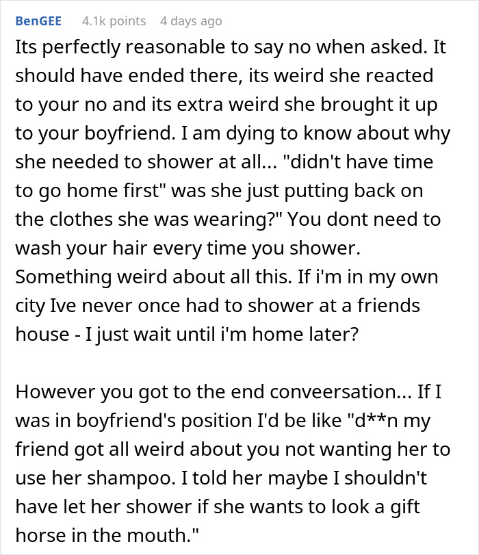 Commenter discussing why it's reasonable to refuse female friend from using shampoo and questioning her showering need.
