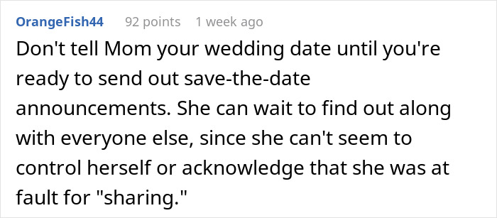 Text message discussing bride cutting mom off from key wedding plans due to her turning proposal into family update. Text message discussing bride cutting mom off from key wedding plans due to her turning proposal into family update.
