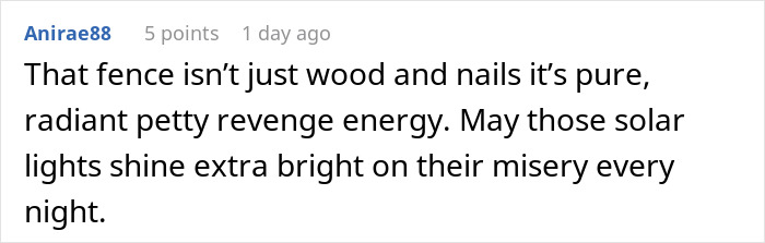 Comment about neighbors fighting over driveway, highlighting petty revenge and solar lights in a heated dispute.