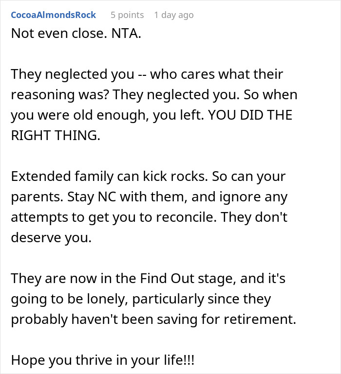 Screenshot of a comment advising to stay no contact with neglectful parents who forget the child they had. - 47