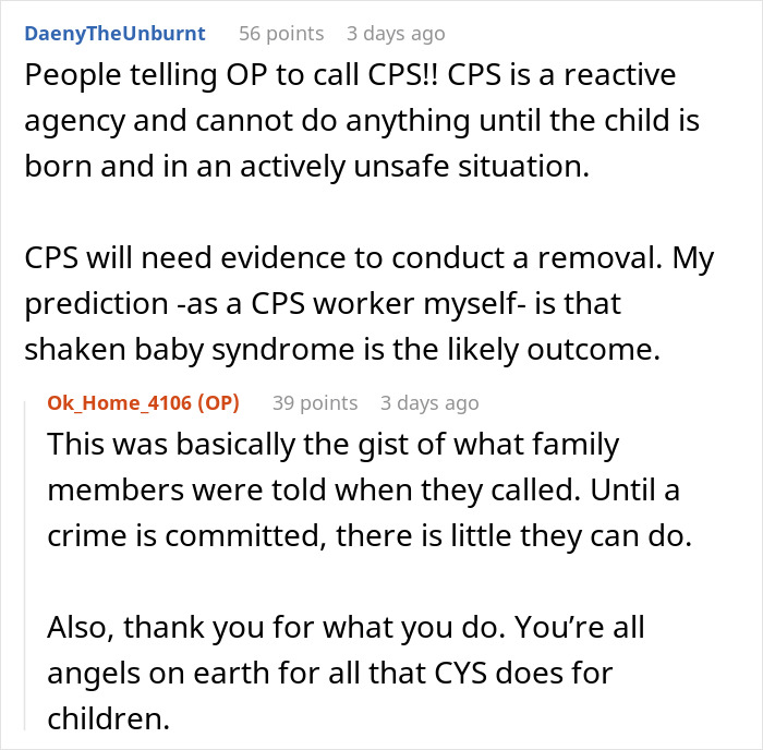 Reddit comments discussing child protective services and a family feud involving a disabled daughter and pregnancy pressure.
