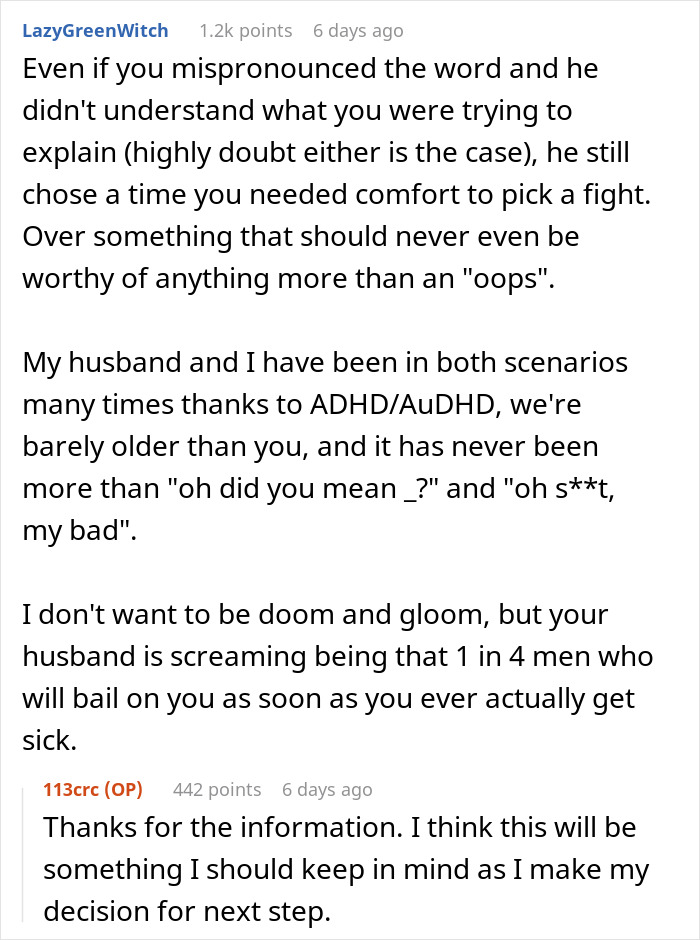 Online forum discussion about hubby mocking wife over mispronunciation while she shares surgery details, causing emotional distress.