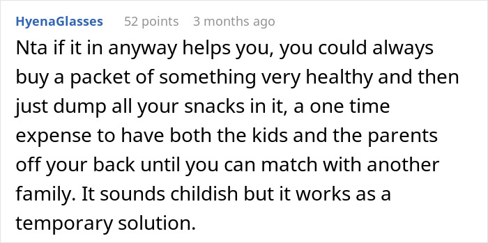 Comment discussing a temporary solution for a 19-year-old nanny restricted to one food cabinet by an American family.