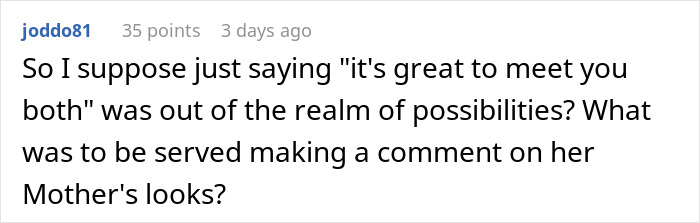 User comment discussing a man's compliment to girlfriend's mom sparking a fight and being called inappropriate.