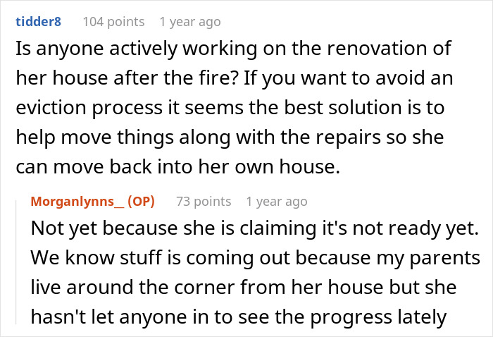 Screenshot of an online discussion about a hoarder MIL squatting in an inherited home and the challenges of eviction.
