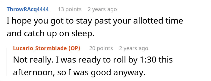 Reddit comments discussing getting sleep and readiness, related to guy parks illegally and drunk in the work truck.