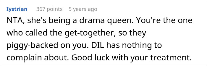 Screenshot of a Reddit comment discussing family drama after a woman seeks support following devastating news.