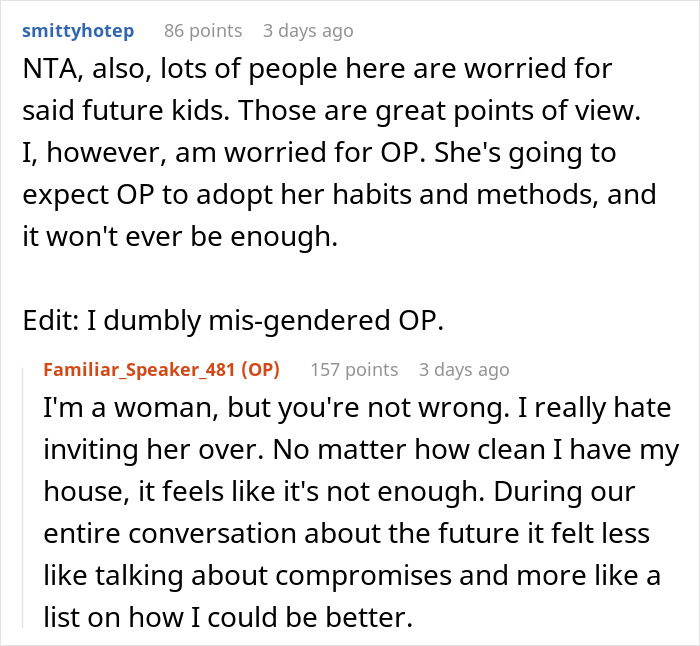 Reddit discussion showing a woman worried about cleanliness expectations causing relationship conflict over toddlers.