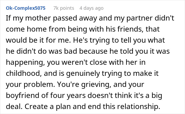 Text post discussing a woman&rsquo;s heartbreak revealing her boyfriend&rsquo;s true character after her mother&rsquo;s death.