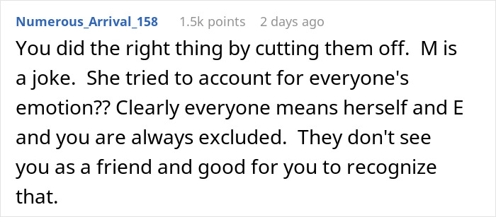 Screenshot of a user comment supporting a woman feeling excluded by friends on trips, highlighting friendship and inclusion issues. Screenshot of a user comment supporting a woman feeling excluded by friends on trips, highlighting friendship and inclusion issues.