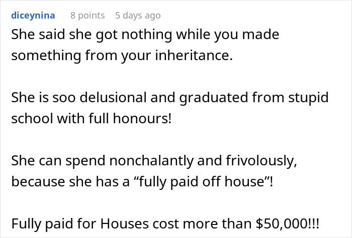 Reddit comment discussing sibling conflict over inheritance and accusations of hoarding money for a dream wedding budget. Reddit comment discussing sibling conflict over inheritance and accusations of hoarding money for a dream wedding budget.
