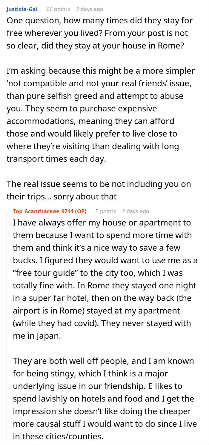 Reddit conversation discussing a woman telling friends she is not a hotel after being excluded from trips. Reddit conversation discussing a woman telling friends she is not a hotel after being excluded from trips.