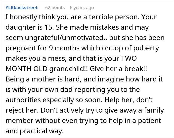 Comment expressing strong opinion about dad calling CPS on teen daughter, highlighting challenges of teen pregnancy and family support.