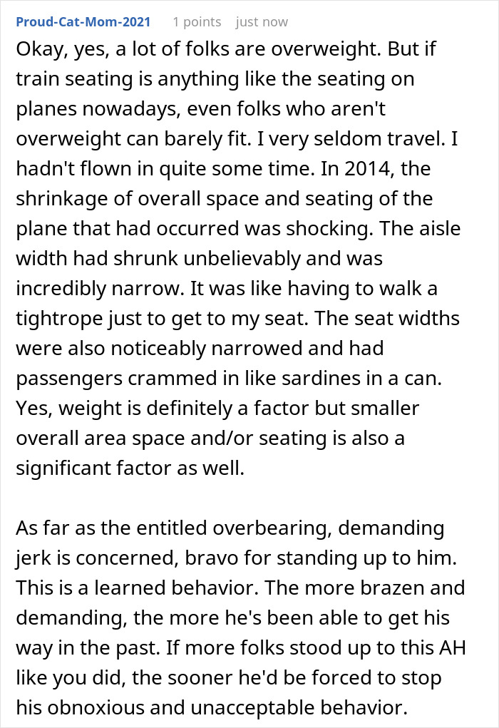 Man stands up to train bully, who ends up huffing and puffing after not getting his way on crowded train seating.