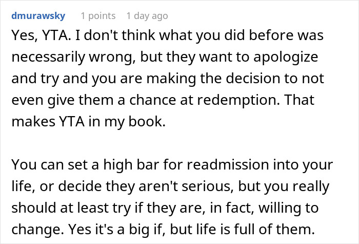 Screenshot of a Reddit comment discussing a man defending his wife and cutting off his parents, facing confusion about reconnecting.