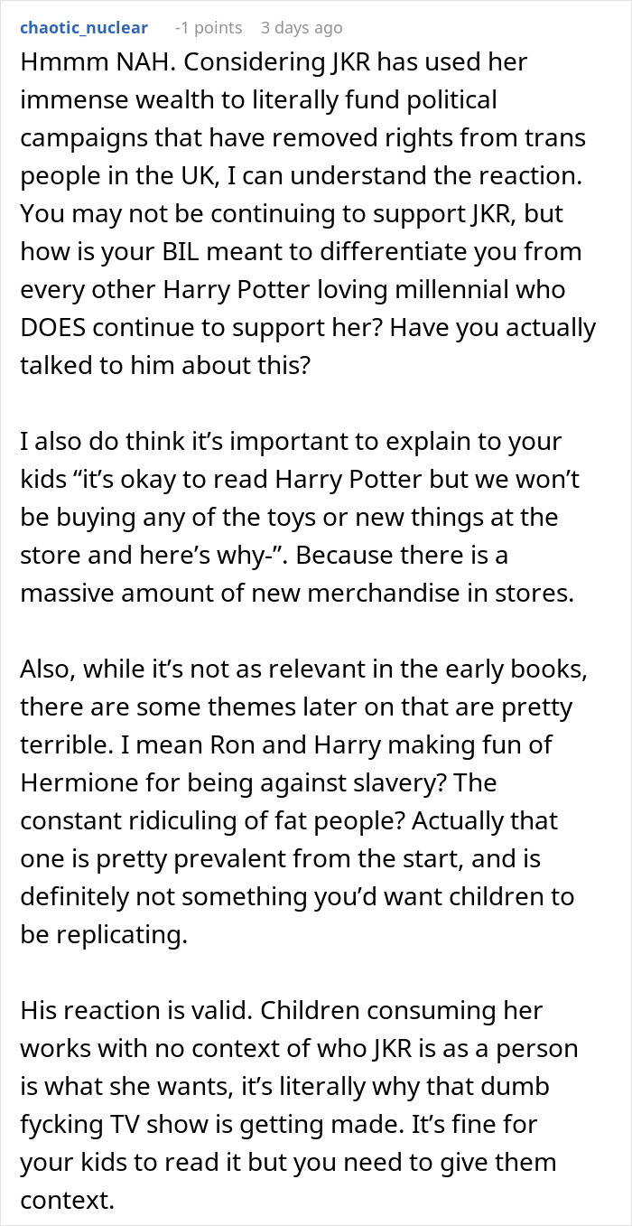 Comment discussing bigoted and hateful person controversy over family upset about Harry Potter books for kids.
