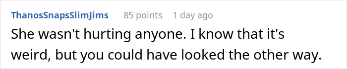 Text message on screen showing a user commenting about a worker confronting woman over bizarre lunchtime ritual.