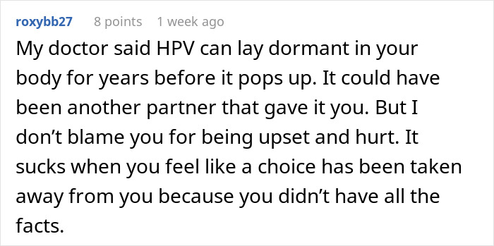 Comment discussing HPV&rsquo;s dormant nature and emotional impact on woman with cancer resenting healthy boyfriend&rsquo;s past HPV.