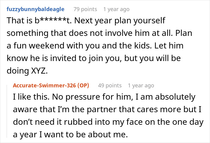 Screenshot of an online discussion about a husband’s birthday surprise for wife leading to therapy after 19 years of marriage. - 16