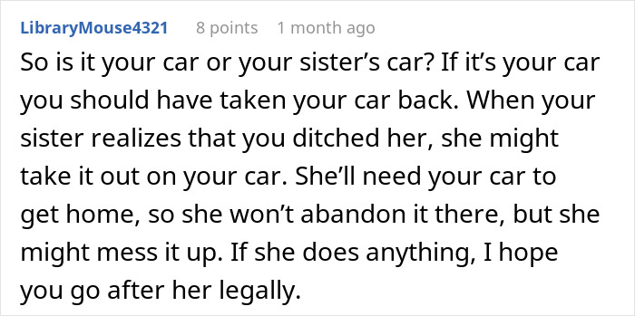 Comment discussing a sister hijacking a road trip and expecting babysitting while mentioning potential car issues. Comment discussing a sister hijacking a road trip and expecting babysitting while mentioning potential car issues.