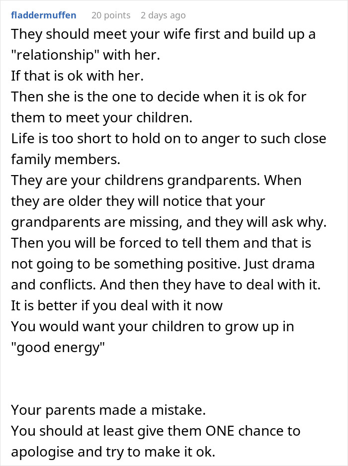 Comment advising a man defending his wife and cutting off parents to consider reconnecting for the sake of family harmony.