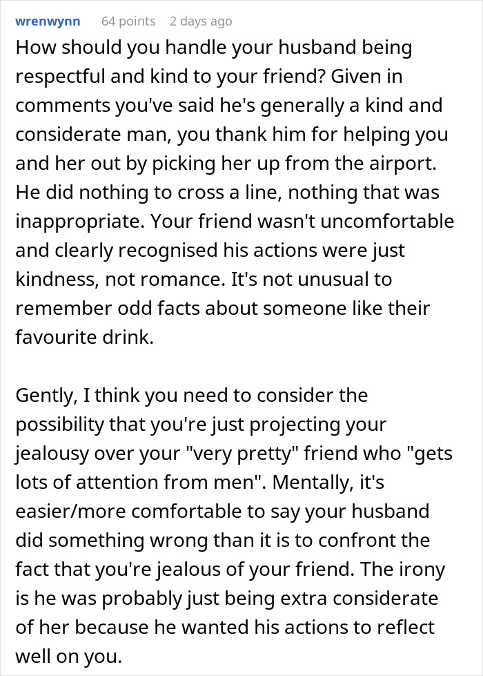 Text post discussing a woman’s panic and jealousy after husband remembers friend’s favorite drink from years ago. Text post discussing a woman’s panic and jealousy after husband remembers friend’s favorite drink from years ago.