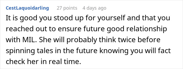 Comment praising woman who corrects mother-in-law for falsely claiming she named the baby, fostering better family ties.