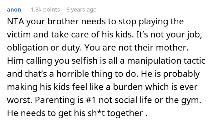Comment discussing sibling conflict over childcare duties and accusations of being a stranger to the kids.