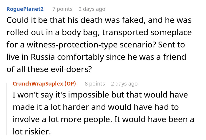 Reddit discussion about doubts on Epstein&rsquo;s death based on a prison officer&rsquo;s experience with possible cover-up theory.
