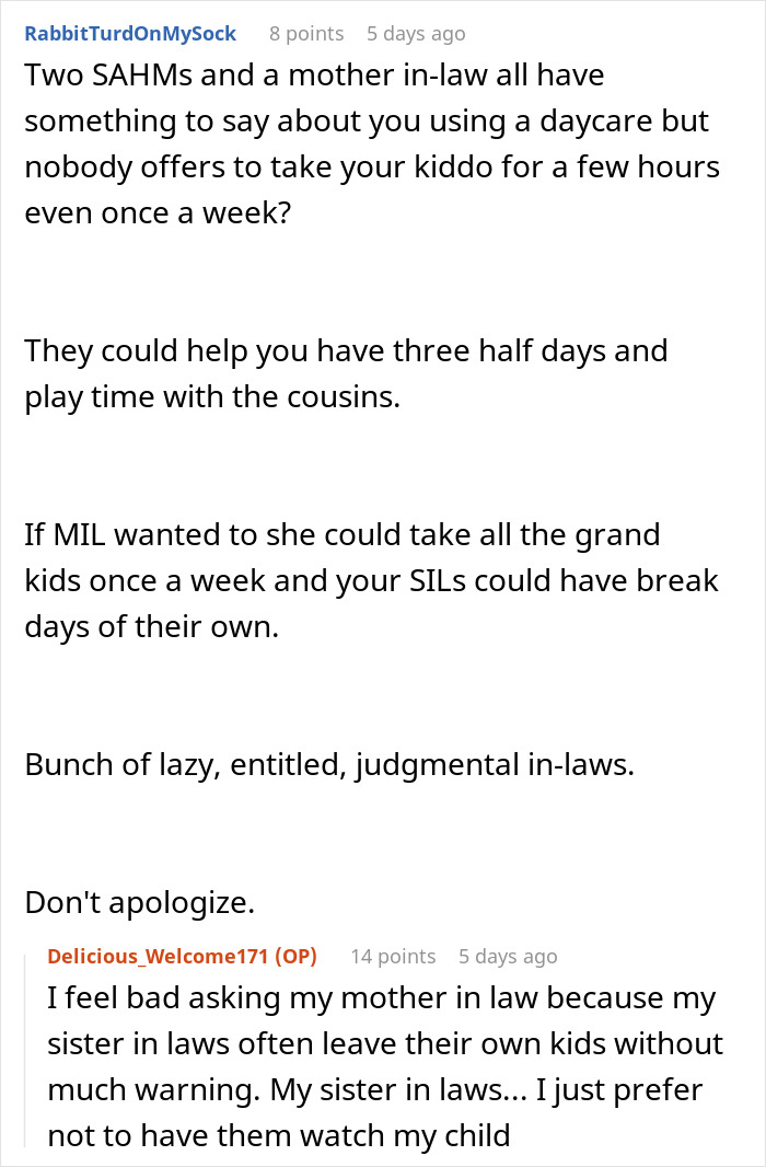 Comment thread about working mom frustrated with judgmental in-laws over once-a-week daycare and family childcare support. - 23