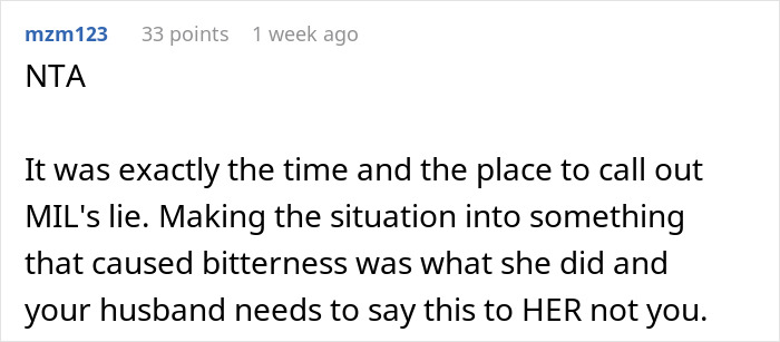 Comment discussing a woman correcting her mother-in-law who falsely claimed credit for baby&rsquo;s name, addressing family tension.