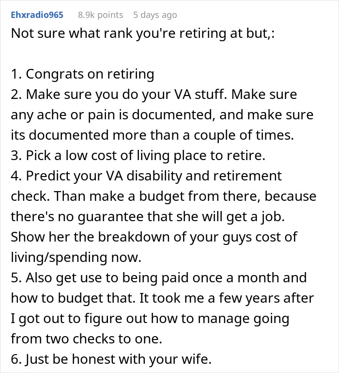 Commenter shares retirement advice on managing finances when wife finds a job, referencing stay-at-home mom and chores debate.
