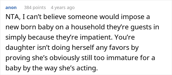 Comment discussing parents forbidding a baby under their roof and the impact on their relationship with their daughter.