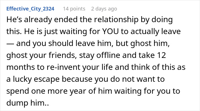 Screenshot of a forum comment discussing a woman finding out her boyfriend told friends she couldn&rsquo;t join couples trip.