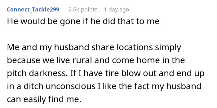 Comment about woman going shopping and missing calls from fianc&eacute;, emphasizing location sharing for safety in rural areas.
