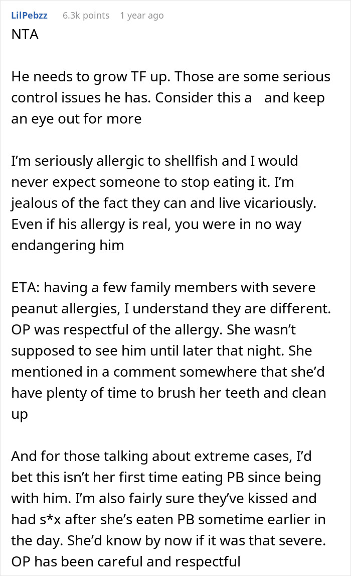 Comment discussing control issues and allergies related to a man upset his girlfriend ate peanut butter cake at work.