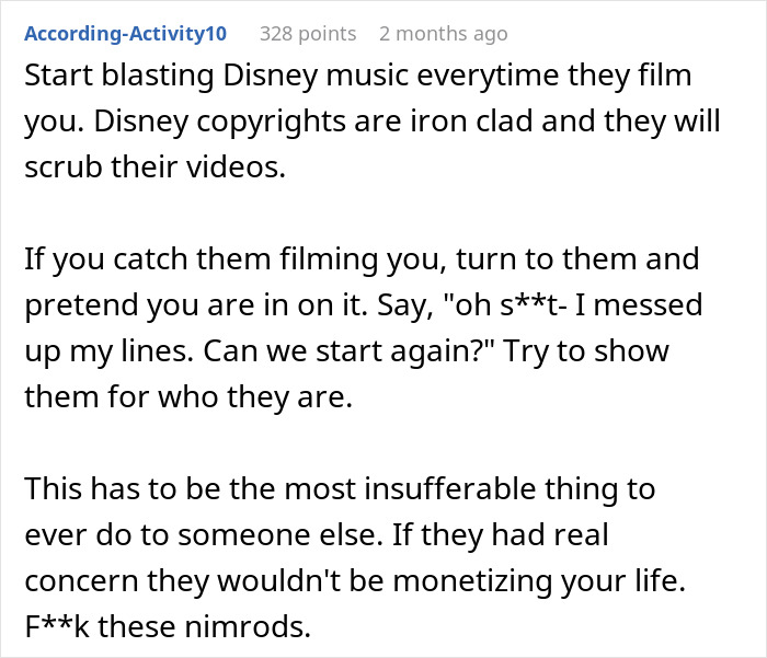 Commenter advising to blast Disney music when filmed by influencer neighbors who put woman in hospital. Commenter advising to blast Disney music when filmed by influencer neighbors who put woman in hospital.