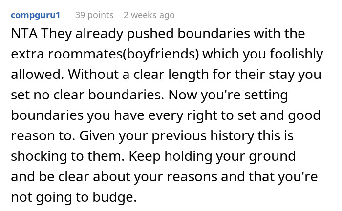 Comment from compguru1 discussing setting boundaries about roommates’ boyfriends using a private bathroom. Comment from compguru1 discussing setting boundaries about roommates’ boyfriends using a private bathroom.