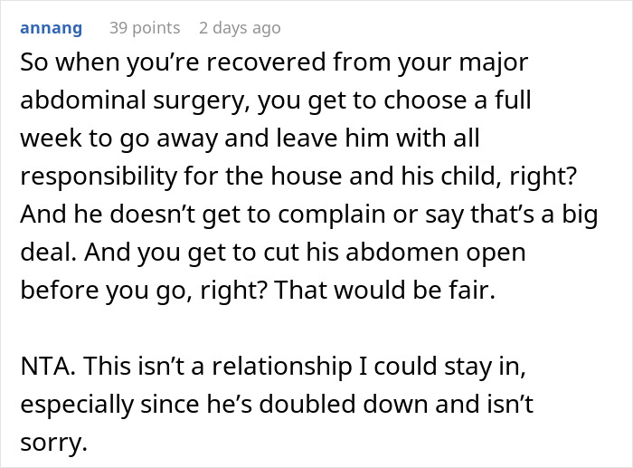 Comment discussing dad taking off for a sunny getaway while exhausted mom deals with stitches, sleepless nights, and fever. Comment discussing dad taking off for a sunny getaway while exhausted mom deals with stitches, sleepless nights, and fever.