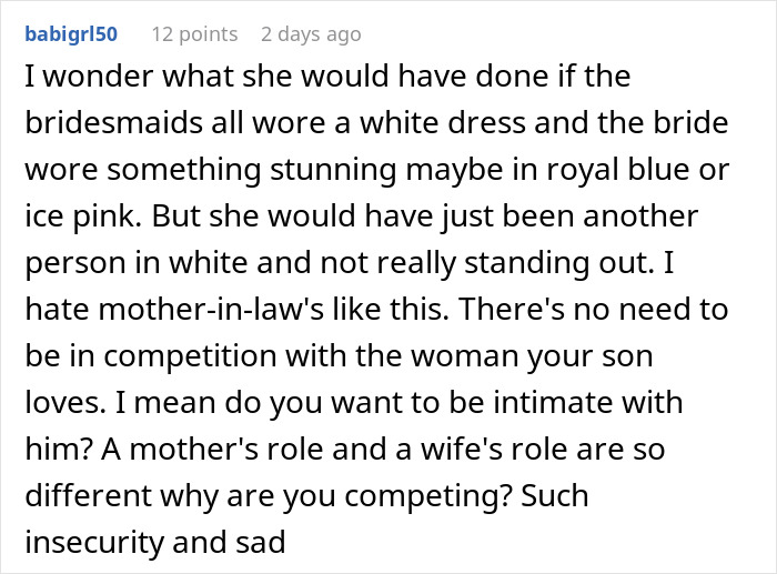 Comment discussing a mother-in-law trying to ruin a wedding and being challenged by two amazing drag queens.