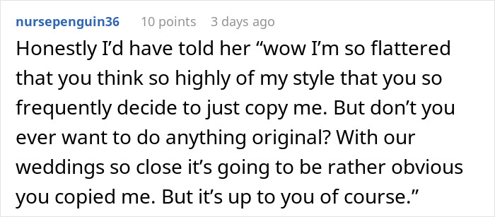 Screenshot of a text comment where a woman confronts her brother&rsquo;s fianc&eacute;e for copying her wedding dress style.