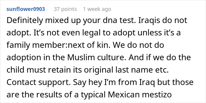 Person thinks DNA test mixed up results, discussing adoption laws and cultural practices in Iraqi and Muslim communities.