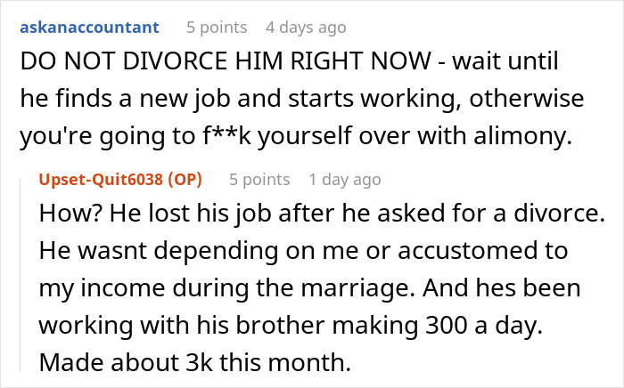 Alt text: Online comments about a man demanding divorce from his wife after losing his job and financial struggles discussed. Alt text: Online comments about a man demanding divorce from his wife after losing his job and financial struggles discussed.