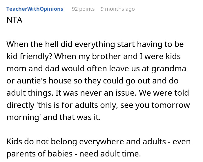 Forum comment discussing a mom refusing to leave kids at home for Halloween party, emphasizing adult time needs. - 23