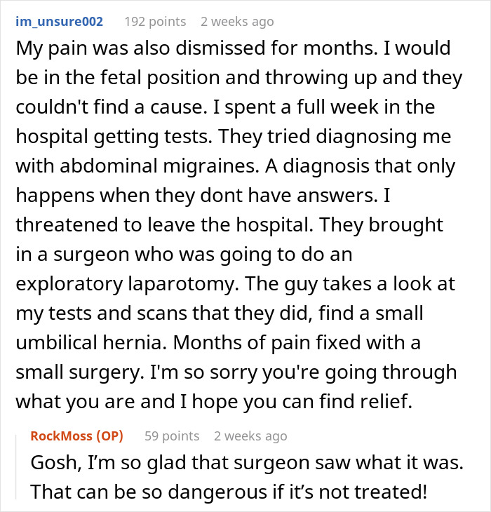 Comment discussing woman&rsquo;s chronic pain dismissed by doctors until her husband&rsquo;s confirmation, highlighting medical disbelief and diagnosis struggle.